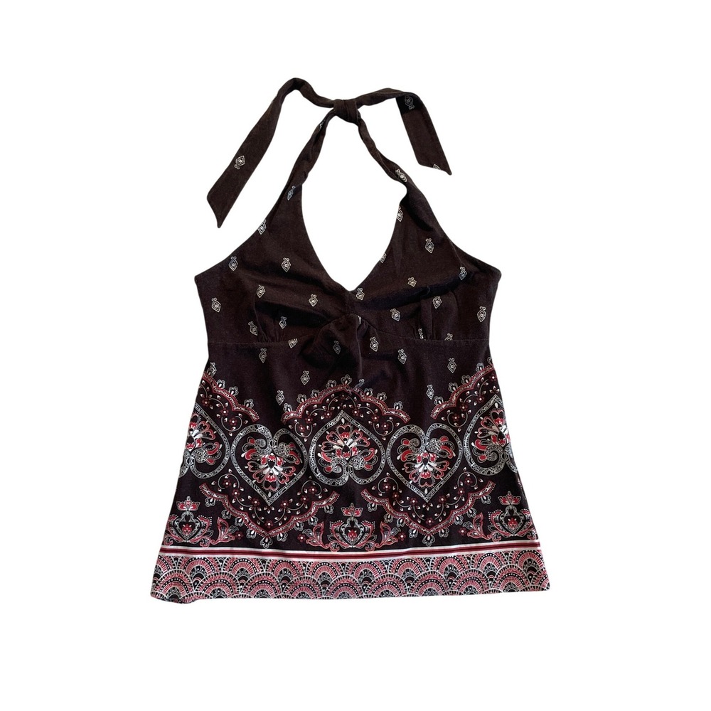 Brown Paisley Halter Top Red White Bandana Print Boho V-Neck S Ann Taylor LOFT
